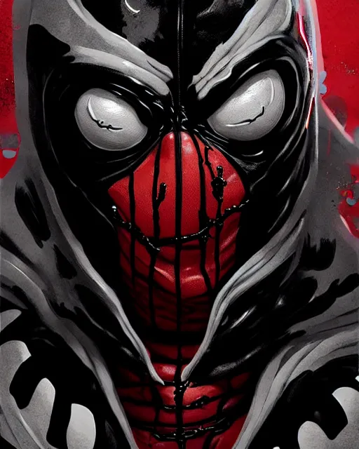 Image similar to highly detailed closeup portrait of a mutated venom symbiote in deadpool suit with carnages face, wearing black hoodie by atey ghailan, by greg rutkowski, by greg tocchini, by james gilleard, by joe fenton, by kaethe butcher, red, black, crimson and white color scheme, grunge!! graffiti tag wall