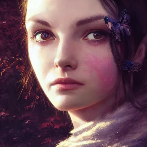 Prompt: closeup portrait of a young vivian leigh, forest background, elf ears, megacity, high fantasy, gorgeous view, depth, high detail, digital art, painted by greg rutkowski, trending on artstation