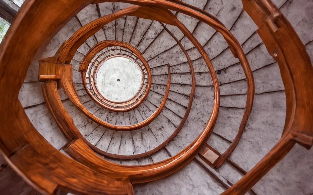 Image similar to 3d rendering of looking directly down a spiral staircase from above with maroon carpet and a wooden handrail, hd, hdr, cinematic 8k, ultra detailed, high resolution