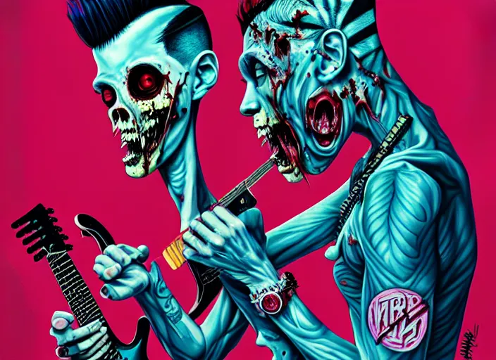 Image similar to a zombie punk rocker with a mohawk holding a stratocaster, tristan eaton, victo ngai, artgerm, rhads, ross draws