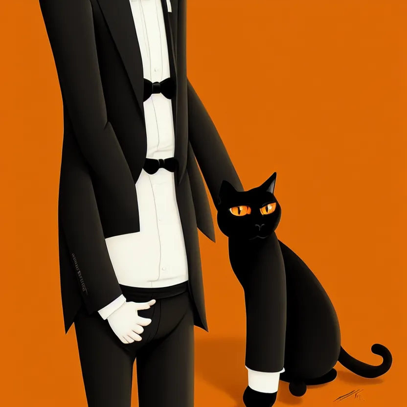 Image similar to slim cruel business humanoid ginger cat in tuxedo with black bob hair, elegant, 2 d, ultra highly detailed, digital painting, smooth, sharp focus, artstation, art by ilya kuvshinov!