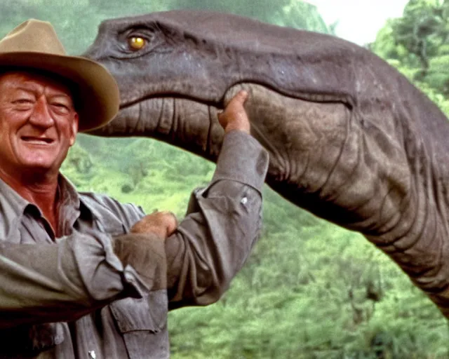 Prompt: john wayne as alan grant in jurassic park, petting brachiosaurus (1993), movie still