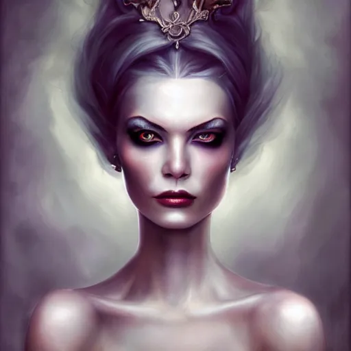 Prompt: painting of a gorgeous self conscious, disparaging female villain in the style of lise deharme, hyperrealistic eyes with natural makeup, very elaborate abundant hairstyle, low contrast, silk skin, low angle