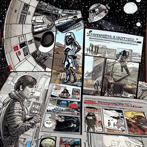 Image similar to highly detailed newspaper comics art style art of scenes from star wars fanart, detailed and intricate environment
