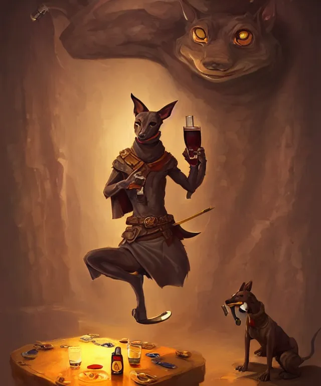 Image similar to a portrait of an anthropomorphic ninja greyhound drinking a beer, standing in a restaurant, cute and adorable, dnd character art portrait, well rendered matte fantasy painting, deviantart artstation, by jason felix by steve argyle by tyler jacobson by peter mohrbacher, cinematic lighting