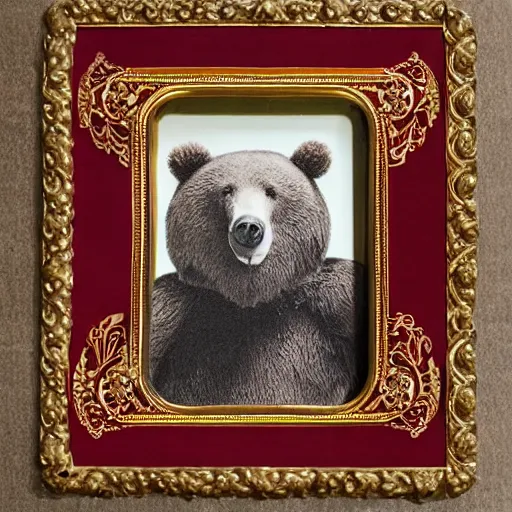 Image similar to a photo in a circular ornate golden frame, of a brown and red college mascot bear wearing blue jeans sitting on the bleachers inside the gym,