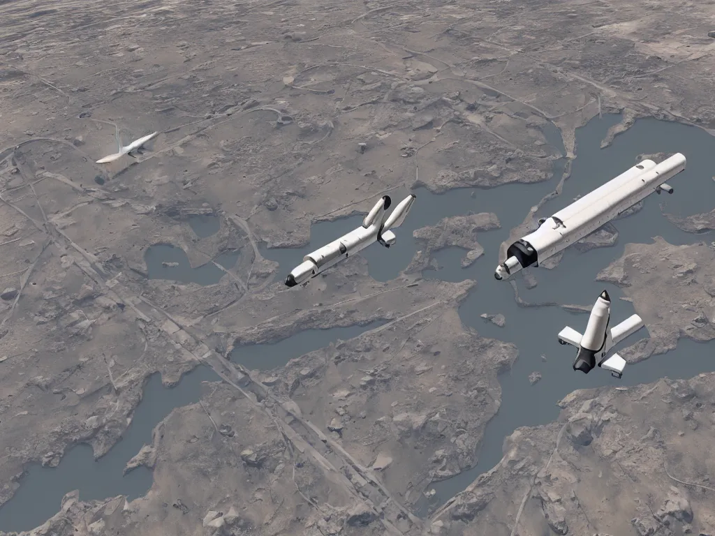 Prompt: an ultra realistic shot of human migration in passenger space shuttles flying toward camera, perspective from space away from a dried desert dystopian earth, epic scale ultrawide angle, 3D rendered, Vray rendered, octane render, unreal engine