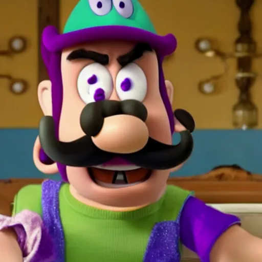 Prompt: still of jim carrey starring as waluigi in a movie about waluigis life