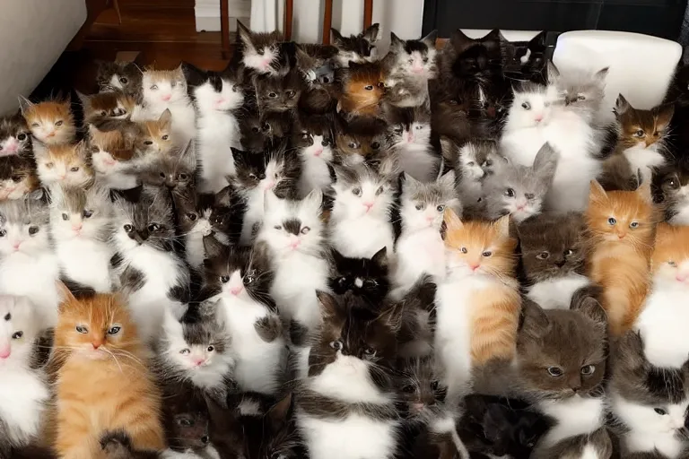 Prompt: a living room full of cute kittens that are all sitting and all of the kittens are facing directly at the camera and all of the cats are looking directly into the camera