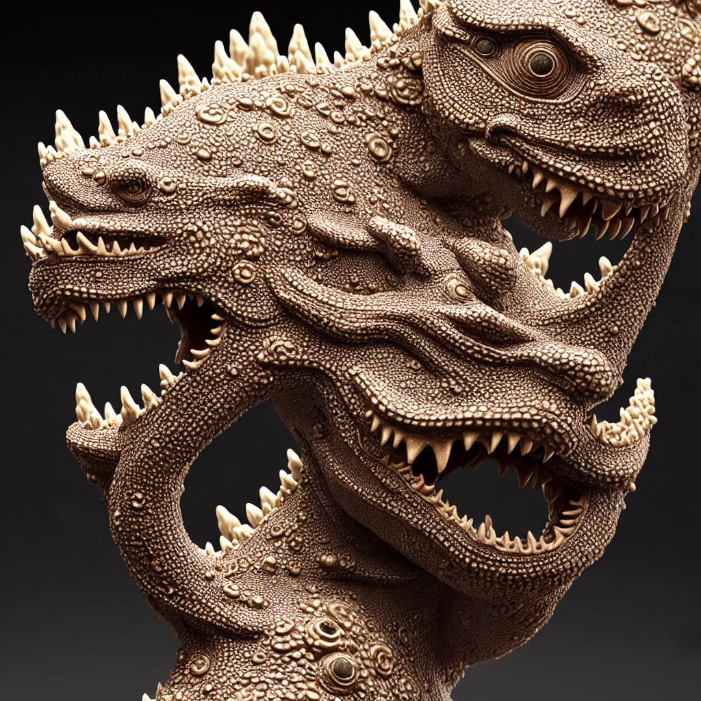 Prompt: a single close up photo - real delicate ceramic porcelain sculpture of an ornate symmetrical godzilla detailed in front of an intricate background by victo ngai and takato yamamoto, micro detail, backlit lighting, face in focus, subsurface scattering, translucent, thin porcelain, octane rendered, colorful, physically based rendering, japanese pottery, trending on cgsociety