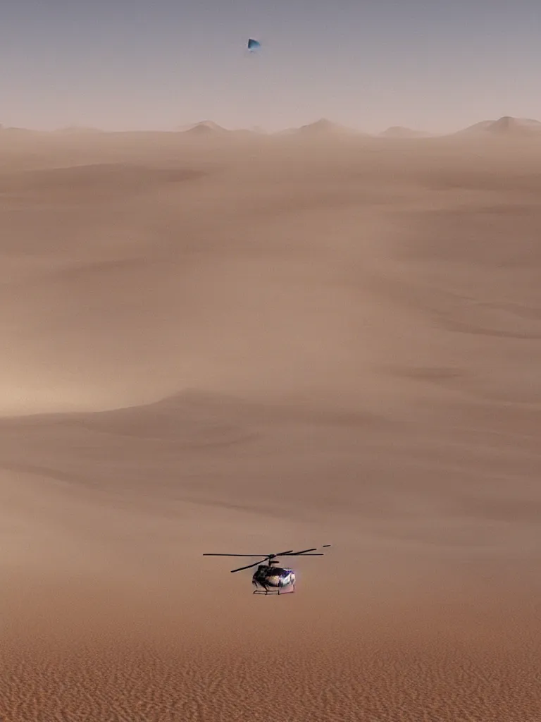 Image similar to a helicopter flying over a sand hills covered in dust, desert environment, extremely detailed matte painting by jeremy geddes, featured on cg society, video art, reimagined by industrial light and magic, anamorphic lens flare, # vfxfriday