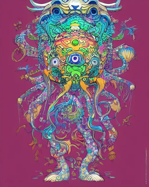 Image similar to bicameral humanoid mythical beast, fantastical, cute, and beautiful hybrid of different animals, a humorous psychedelic creature concept design by Moebius, Studio Ghibli, in the style of Takashi Murakami, symmetrical 4K