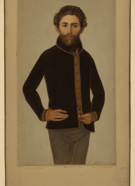 Image similar to portrait of handsome young elf with brown eyes brown hair and a short neat beard by charles angrand, only one head single portrait, pointy ears, wearing a black leather collared jacket