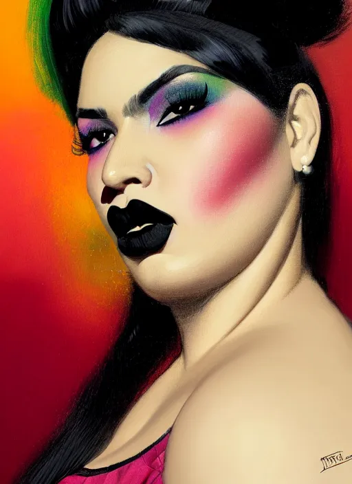 Image similar to portrait of a plump latino woman with a crooked nose and a confident expression, 1 9 6 0 s, black clothes, goth, punk, brightly coloured hair, funk, intricate, elegant, highly detailed, digital painting, artstation, concept art, smooth, sharp focus, illustration, art by wlop, mars ravelo and greg rutkowski