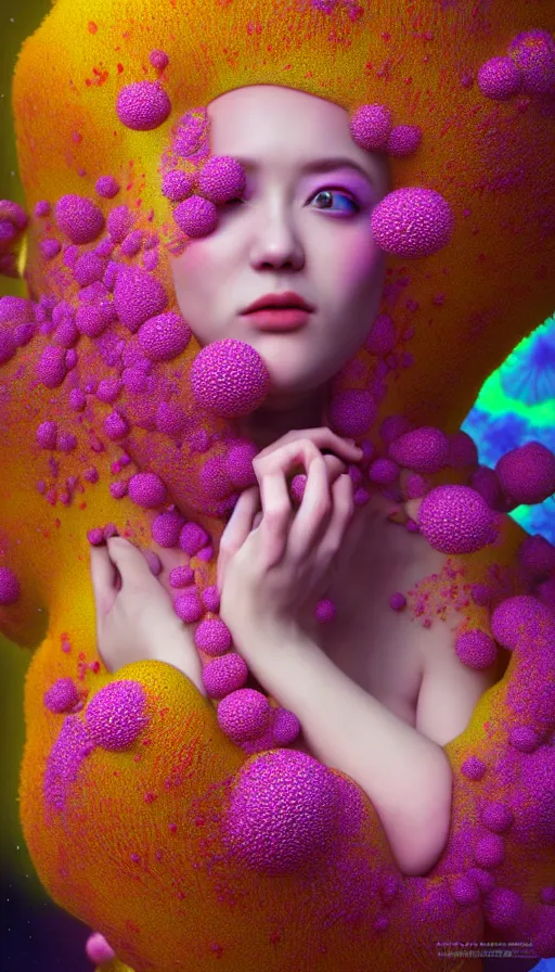 Image similar to hyper detailed 3d render like a Oil painting - kawaii Aurora (Singer) seen Eating of the Strangling network of colorful yellowcake and aerochrome and milky Fruit and Her delicate Hands hold of gossamer polyp blossoms bring iridescent fungal flowers whose spores black the foolish stars by Jacek Yerka, Mariusz Lewandowski, Houdini algorithmic generative render, Abstract brush strokes, Masterpiece, Edward Hopper and James Gilleard, Zdzislaw Beksinski, Mark Ryden, Wolfgang Lettl, hints of Yayoi Kasuma, octane render, 8k