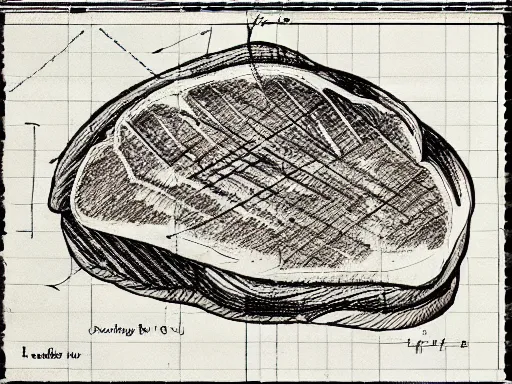 Image similar to blueprint technical drawing of a steak, schematic, sepia, old paper