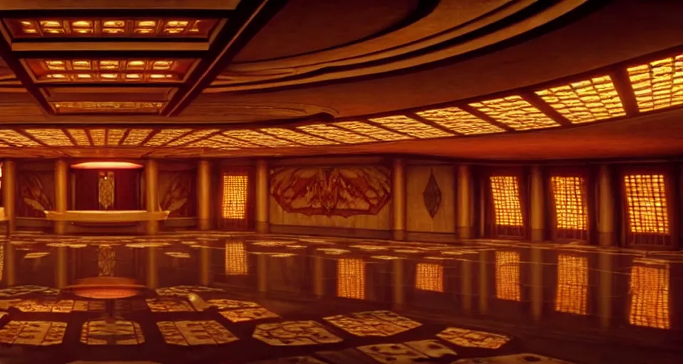 Image similar to An establishing shot from a 2021 Marvel film of the interior of an opulent a fantasy palace designed by Frank Lloyd Wright. Incredibly beautiful.