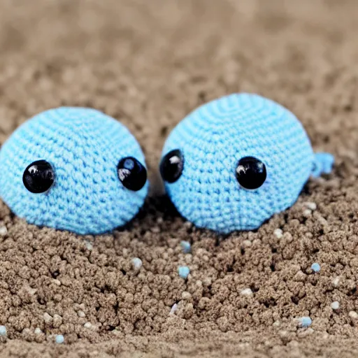 Prompt: two cute tiny fluffy light blue and light pink color spiders with short arms and big black button eyes crochet dolls standing on sand, hyperrealistic photograph, highly detailed, tactile, close up, macro