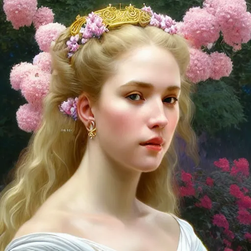 Prompt: 3/4 close up face Portrait of a beautiful Swedish princess in garden, white top, blond hair, piercing, intricate, elegant, highly detailed, artstation, concept art, intricate, highly detailed, sharp focus, exotic, orientalism, bouguereau, art by Artgerm and greg rutkowski and alphonse mucha