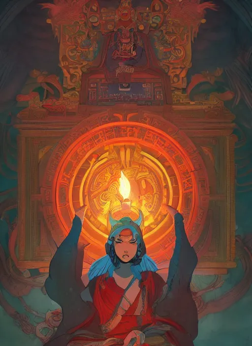 Prompt: Tibetan Book of the Dead being opened and revealing a portal to Bardo, in the Style of Artgerm and Charlie Bowater and Atey Ghailan and Mike Mignola, vibrant colors and hard shadows and strong rim light, Comic Cover Art, plain background, trending on artstation