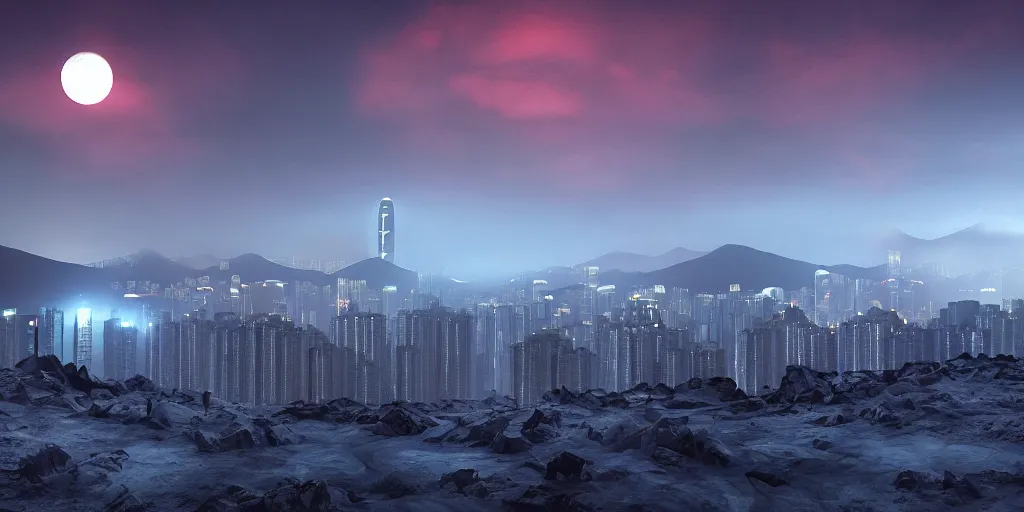 Image similar to nuclear winter, hong kong, near future, fantasy, sci - fi, hyper realistic, serene, dusk.