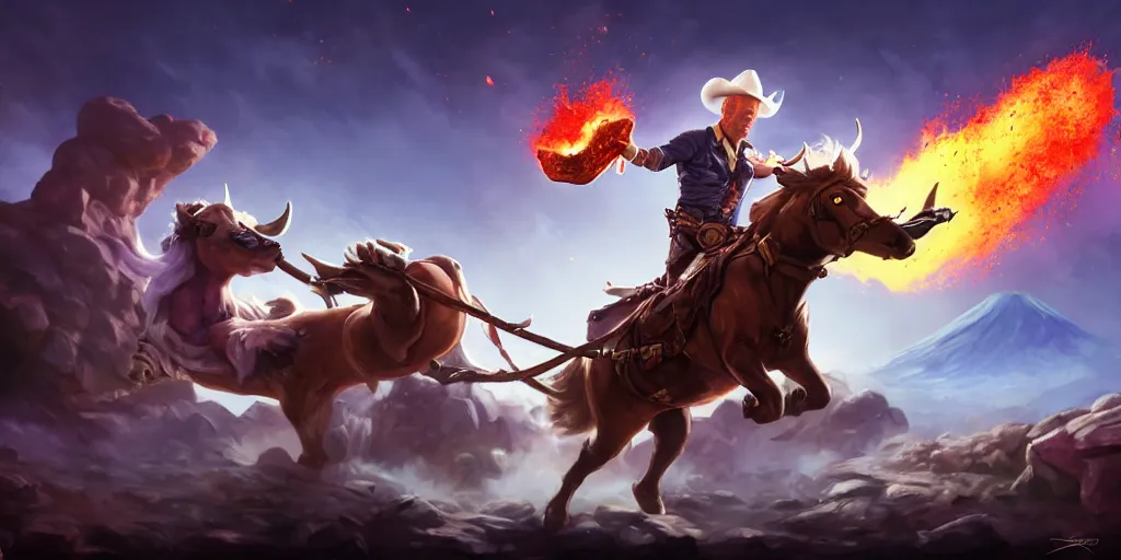 Prompt: joe biden as a cowboy wielding a bullwhip, in front of an erupting crater, league of legends champion splash art, by dang my linh, dynamic lighting