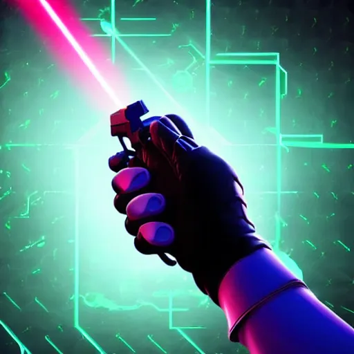 Image similar to “ hand in glove holding laser gun from the side, cinematic, digital art, fortnite style, award winning ”