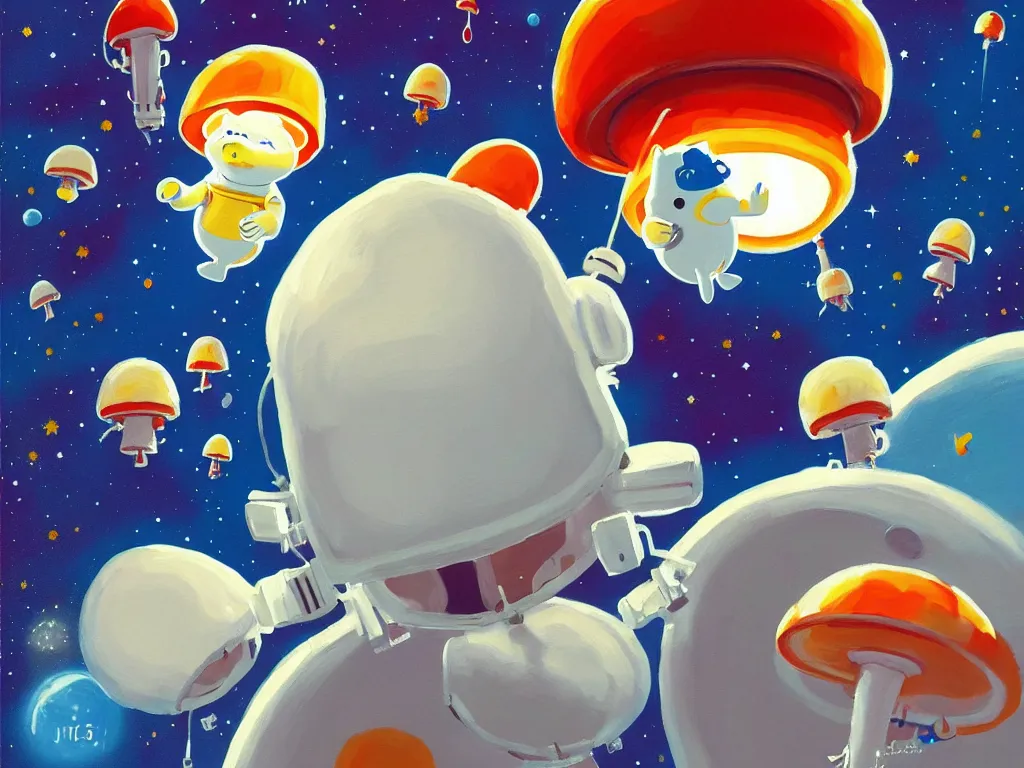 Image similar to moomins in space suits flying around with jetpacks discovering the mushroom planet, looking cute, photorealistic painting, movie still, warm colors, fluffy, cozy, low light, trending on artstation