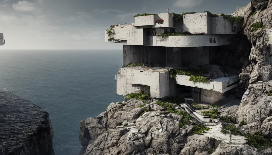 Image similar to coastal perched on a cliff overlooking a magnificient bay, imperial brutalist base, drawing architecture, ultra very long shot, top angle, imperial architecture in rogue one, pritzker architecture prize, brutalism architecture, jan urschel, greig fraser, by james gurney, greg rutkowski, highly detailed digital art, artstation