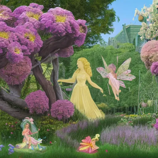 Image similar to a whimsical garden scene. In the art installation, a young girl can be seen playing among the flowers and trees, while a fairy watches over her. blueprint by Raphael Lacoste, by Kent Monkman ghastly