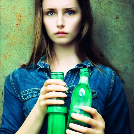 Image similar to lomo photograph, intricate detail, hyper detail, young beautifull woman, very tired, full body potrait holding bottle, hazel green eyes, realistic, highlydetailed, natural, model shoot, masterpiece, sharp focus,