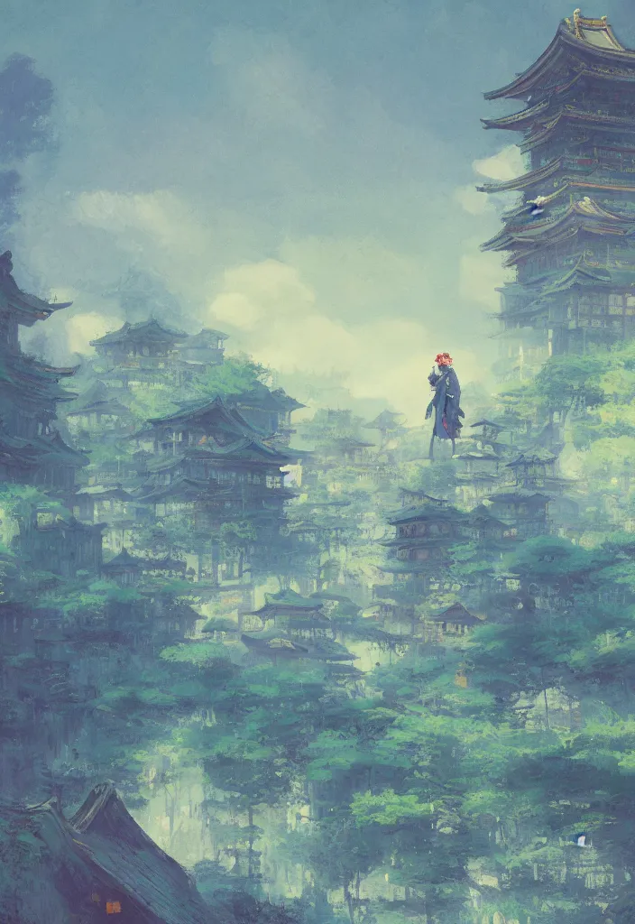 Image similar to tiny lost king wearing a majestic crown in front of a japanese city with beautiful ryokans and edo era houses. cyberpunk. beautiful blue sky. gorgeous epic nature inside the city. lofi. vivid colors, amazing light, by jeremy lipkin, by claude monet, heavily inspired by makoto shinkai, inspired by ghibli, masterpiece, multiple brush strokes, impressionist style