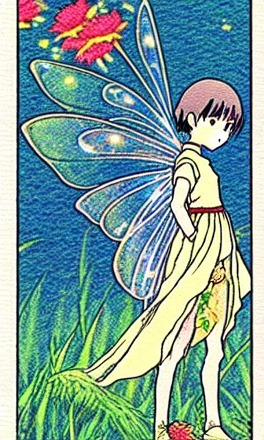 Prompt: fairy floral tarot card by Hayao miyazaki