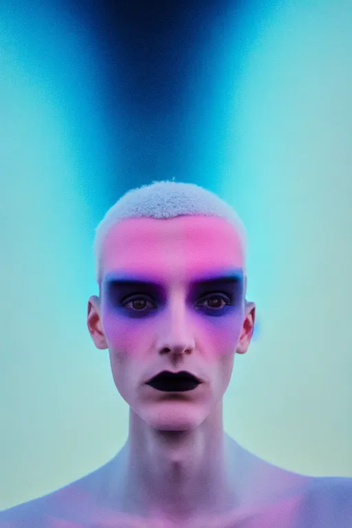 Image similar to high quality pastel coloured film wide angle selfie photograph of an androgynous cyber model standing in an icelandic black rock environment. three point light. photographic. art directed. pastel colours. volumetric light. stark. waves glitch. 8 k. filmic.