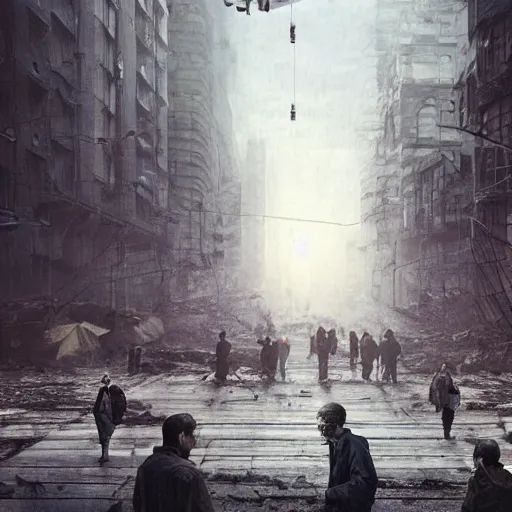 Image similar to hordes of drone-like people aimlessly walking around a depressing dystopian cityscape , trending on artststion, hyper realistic, surreal, melancholic, 8k, upscaled