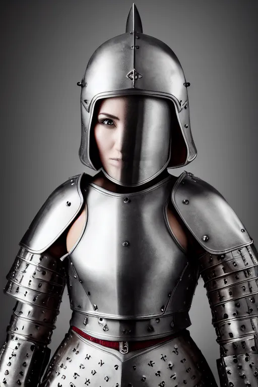 Prompt: female medieval warrior in light armor, by louis vuitton, luxury materials, symmetrical, cinematic, elegant, professional studio light, real dlsr photography, sharp focus, 4 k, ultra hd, sense of awe, high fashion