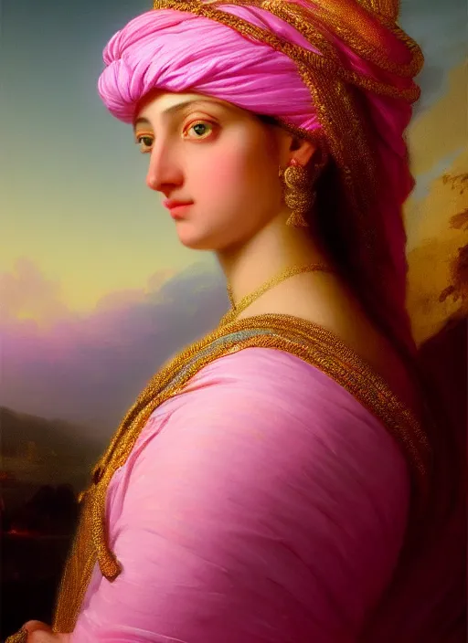 Prompt: stunning arabian godess princess, detailed pink and white protea head peace against a black backdrop by ivan aivazovsky, 3 / 4 view portrait, wlop, super sharp details, photorealism, canon 5 d, 5 0 mm lens, stunning photoshot, beautiful soft lighting, muted colours, artstation