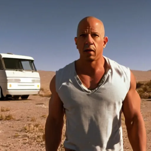 Prompt: a still of Breaking Bad featuring Vin Diesel with a goatee as Walter White, 1986 Fleetwood Bounder RV in the desert background, realistic, cinematic, high detail