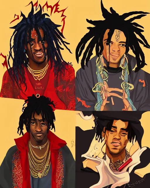 Image similar to Album art Young Thug, Playboi Carti and Lil Uzi Vert, Ninja Scrolls, Gang, Draco, Blood, red smoke, by artgem, Trending on artstation