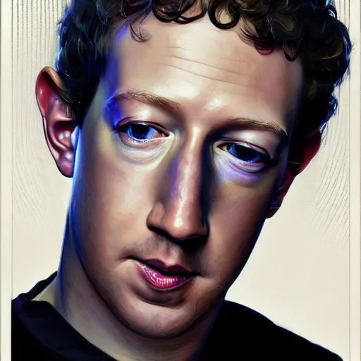 Prompt: portrait of mark zuckerberg, bezos, artgerm, very detailed, art contest winner on behance, trendy on deviant art, by artgem, greg rutkowski and laura sava and alphonse mucha