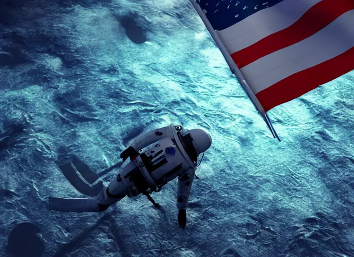 Prompt: astronaut underwater putting a flag in the sand of the bottom of the ocean. there is a futuristic submarine in the background. dark, concept art, cinematic, dramatic, atmospheric, 8 k, trending on artstation, low visibility, zack snyder