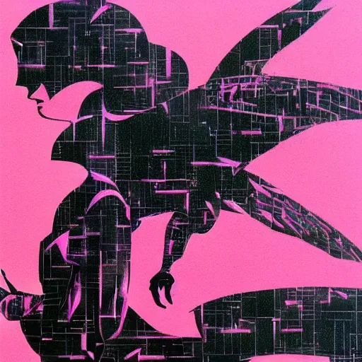 Image similar to the progressive rasterization of a bird, from a mechanical one into a pixel one, pink - noir oil on canvas by dave mckean and yoji shinkawa