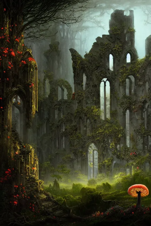 Prompt: a beautiful digital illustration painting of a detailed gothic fantasy ruins and roots, dark mushroom, flowers by benoit b. mandelbrot, steven belledin, martin johnson heade, lee madgwick, caspar david friedrich, and david rios ferreira. 8 k resolution trending on artstation concept art digital illustration