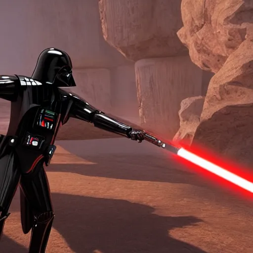 Image similar to darth vader wielding his light saber against robocop who is pointing a gun at him, against a barren landscape at sunset, warm, fine detail, epic composition, unreal engine.