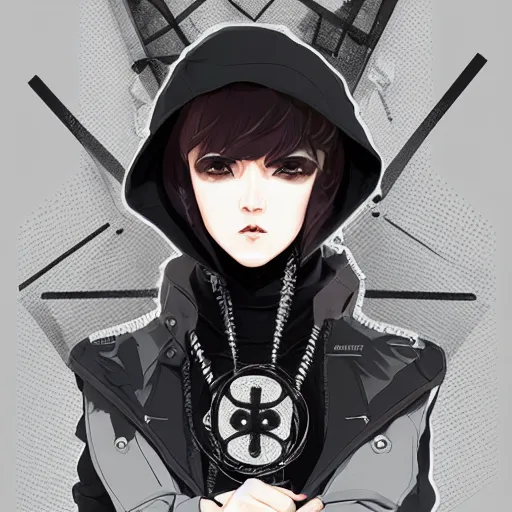 Image similar to techwear occultist, chaos magick, leviathan cross, androgynous, beautiful, detailed symmetrical close up portrait, intricate complexity, in the style of artgerm and ilya kuvshinov, cel shaded