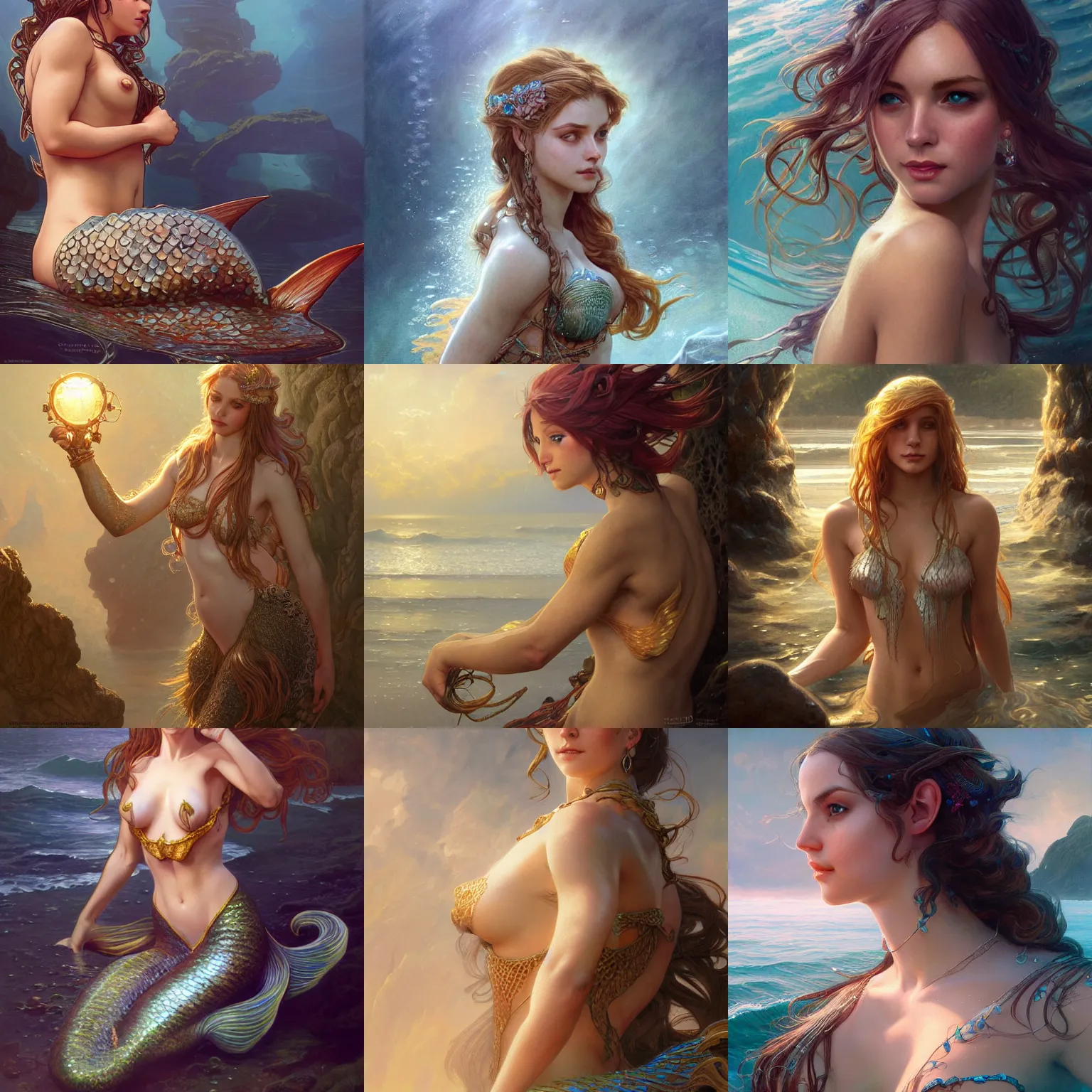 Prompt: portrait of a mermaid, sea, upper body, D&D, fantasy, intricate, cinematic lighting, highly detailed, digital painting, artstation, concept art, smooth, sharp focus, 8k, illustration, art by Artgerm and Greg Rutkowski and Alphonse Mucha