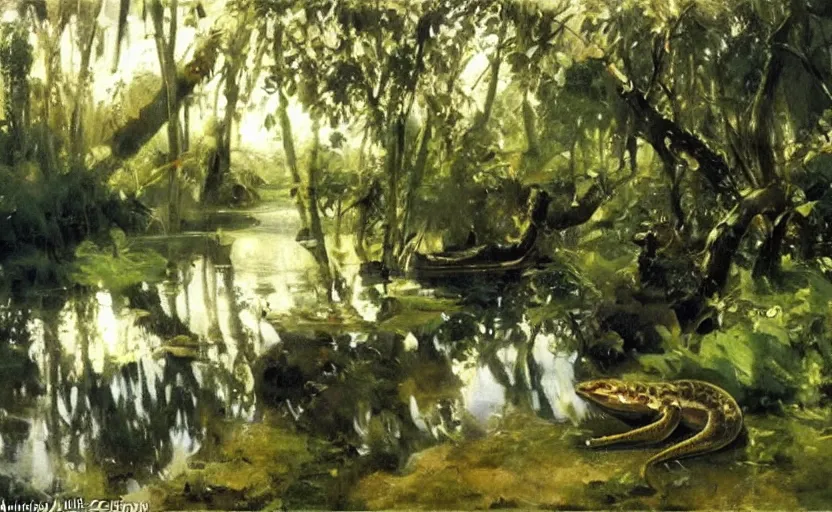 Image similar to oil painting lanscape by anders zorn, jungle nature, fruit trees, very very very very beautiful art, dramatic light, water reflections, crocodile river