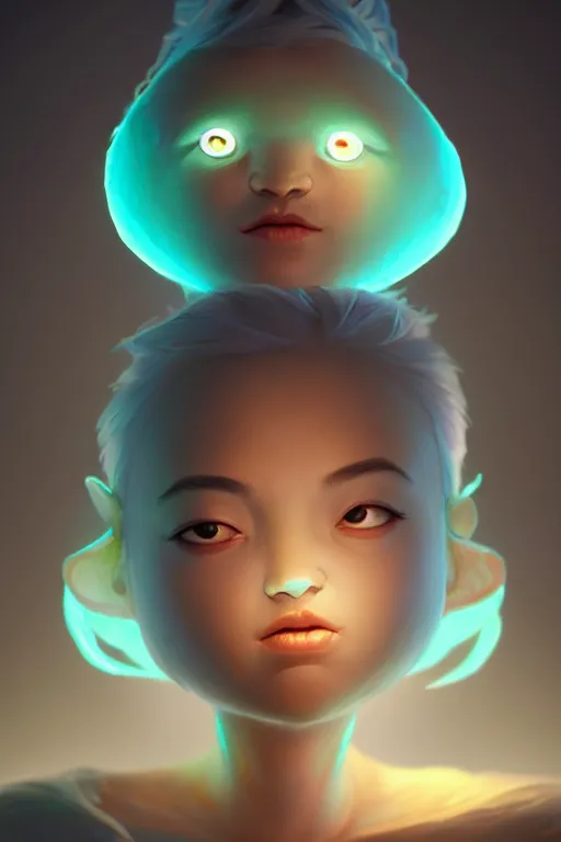 Image similar to super cute Bioluminescent an exhausted deity character concept, single head, no double head, soft light, soft mood, realistic body features and face, illustration, painting oil on canvas by Elena Zhurikhina and Goro Fujita and Charlie Bowater, octane render trending on artstation, 4k, 8k, HD