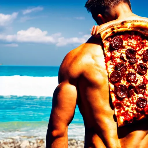 Image similar to muscular man in pizza styled outfit, beach background