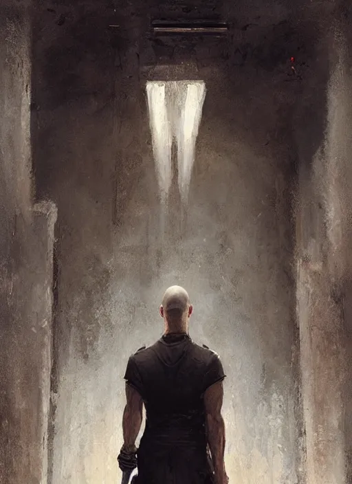 Prompt: a young man with wide, intense eyes, standing upside down on the ceiling of a hallway. he is bald and clean shaven, dressed entirely in white and holding a huge sword. painting by greg rutkowski and raymond swanland